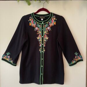 Black Embroidered Sweater with Green Accents